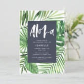Aloha tropisch palmblad & scriptblauwe verjaardag save the date (Staand voorkant)