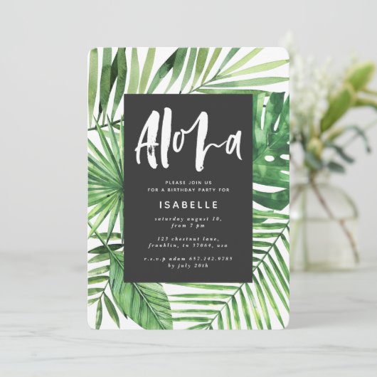 Aloha tropisch palmblad & scriptfeest, uitnodiging (Staand voorkant)