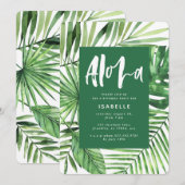 Aloha tropisch palmblad & scriptverjaardagsuitnodi save the date (Voorkant / Achterkant)