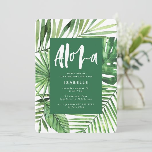 Aloha tropisch palmblad & scriptverjaardagsuitnodi save the date (Staand voorkant)