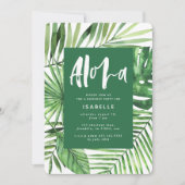 Aloha tropisch palmblad & scriptverjaardagsuitnodi save the date (Voorkant)