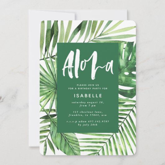 Aloha tropisch palmblad & scriptverjaardagsuitnodi save the date (Voorkant)