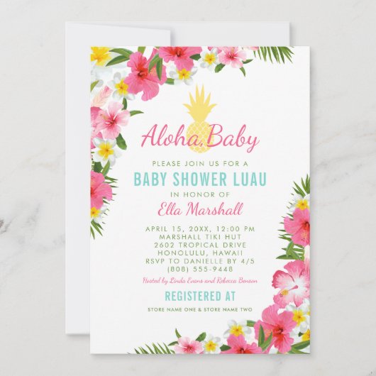 Aloha Tropisch Roze Bloemen Ananas Baby shower Kaart (Voorkant)