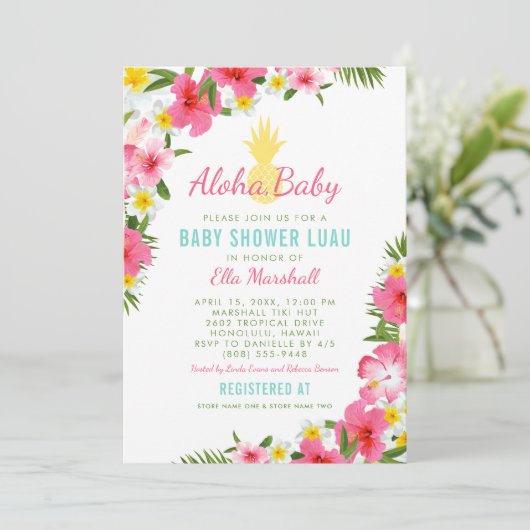 Aloha Tropisch Roze Bloemen Ananas Baby shower Kaart (Staand voorkant)
