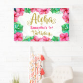 Aloha Tropisch Roze Bloemen Verjaardagsfeest Spandoek (Insitu)
