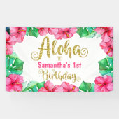 Aloha Tropisch Roze Bloemen Verjaardagsfeest Spandoek (Horizontaal)