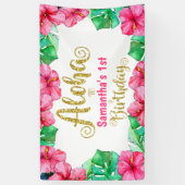 Aloha Tropisch Roze Bloemen Verjaardagsfeest Spandoek (Verticaal)