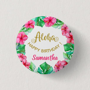 Aloha Tropisch Roze Gold Hibiscus Birthday Party   Ronde Button 3,2 Cm