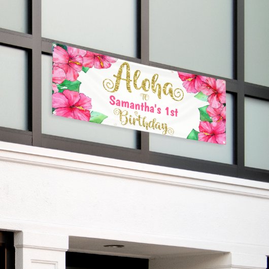 Aloha Tropisch Roze Goud Verjaardagsfeest Spandoek (Buitenkant Gebouw)