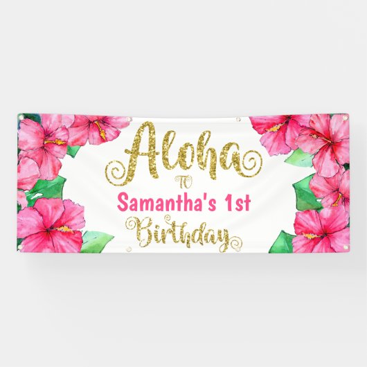Aloha Tropisch Roze Goud Verjaardagsfeest Spandoek (Horizontaal)