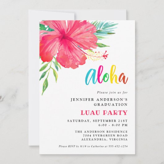 Aloha Tropisch Roze Hibiscus Luau Afstudeerfeest Kaart (Voorkant)