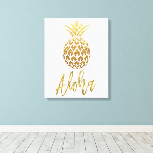 Aloha Tropische anananas White en Gold Foil Canvas Afdruk (Insitu (Houten vloer))