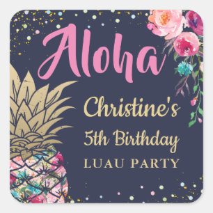 Aloha Tropische anananasappel Roze Floral Birthday Vierkante Sticker