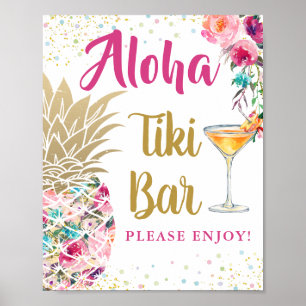 Aloha Tropische anananasappel Roze Floral Tiki Bar Poster