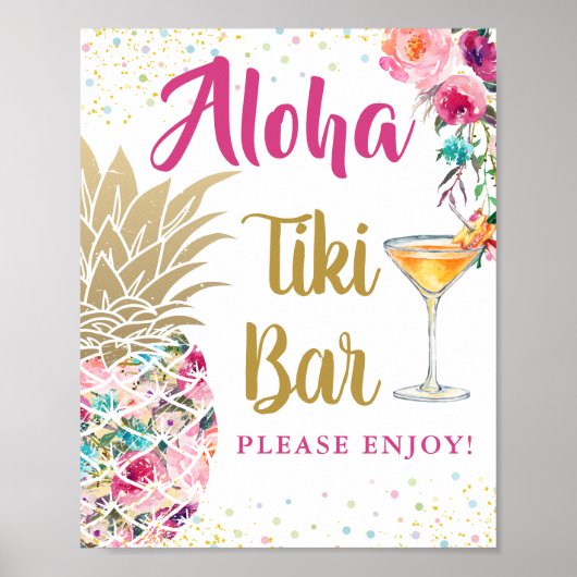 Aloha Tropische anananasappel Roze Floral Tiki Bar Poster (Voorkant)