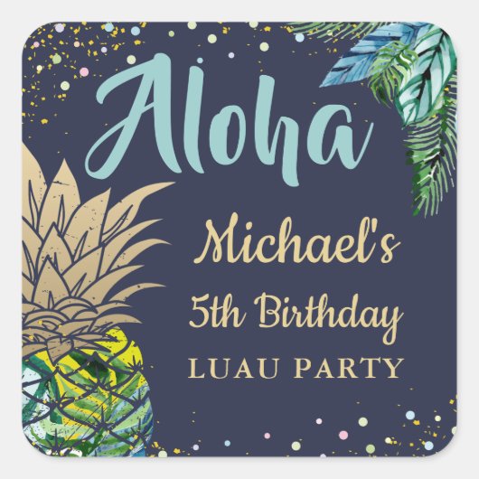 Aloha Tropische anananasappelstrand Birthday Party Vierkante Sticker (Voorkant)
