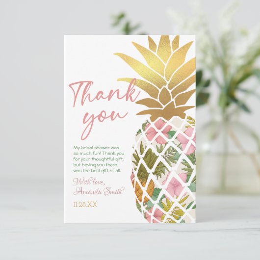 Aloha Tropische Ananas Goudblad Bruidsdouche Bedankkaart (Staand voorkant)