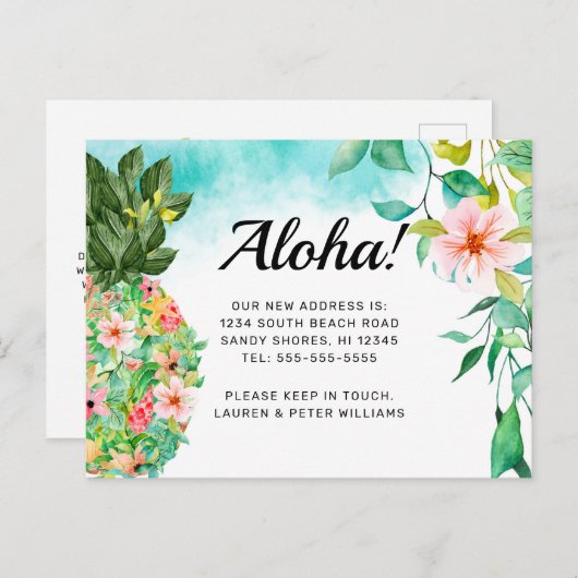 Aloha Tropische Ananas Roze Bloemen Hawaii Verhuis Aankondigingskaart (Voorkant / Achterkant)