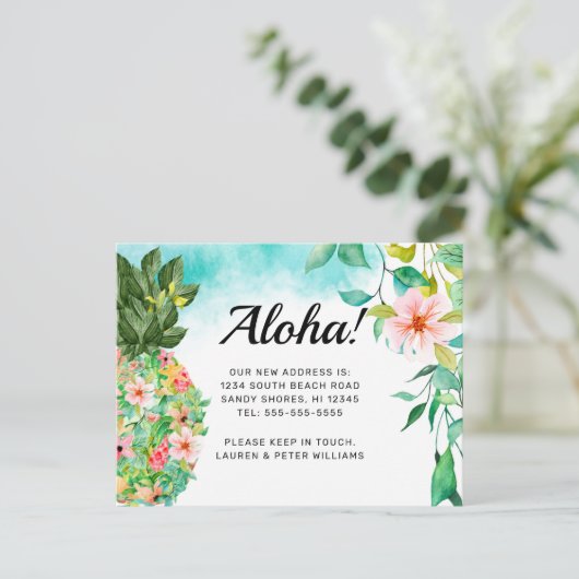 Aloha Tropische Ananas Roze Bloemen Hawaii Verhuis Aankondigingskaart (Staand voorkant)