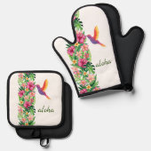 Aloha tropische bloemen & vogel ovenwant & pannenlap set (Voorkant / Achterkant)