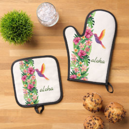 Aloha tropische bloemen & vogel ovenwant & pannenlap set