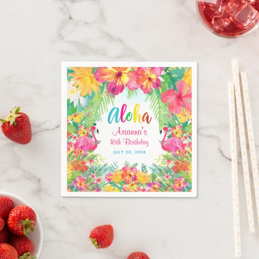 Aloha Tropische Flamingo Verjaardag Luau Papier Servet (Insitu)