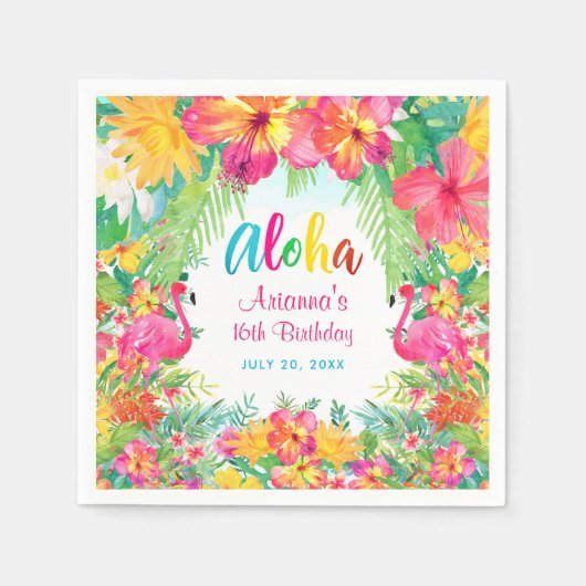 Aloha Tropische Flamingo Verjaardag Luau Papier Servet (Voorkant)