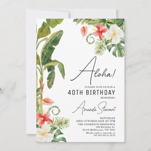 Aloha Tropische Floral 40th Birthday Invitation Kaart (Voorkant)