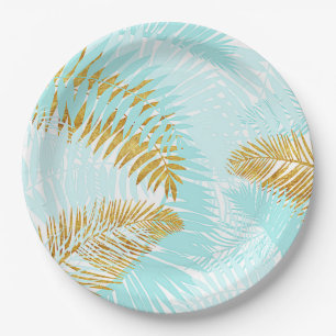 Aloha-Tropische goudmetalen Folie Aqua Palm Leaves Papieren Bordje