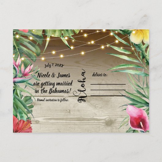 Aloha Tropische houtskoolbladeren en lichte zomer Aankondigingskaart (Achterkant)