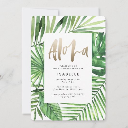 Aloha tropische palm- en goudscriptverjaardag save the date (Voorkant)
