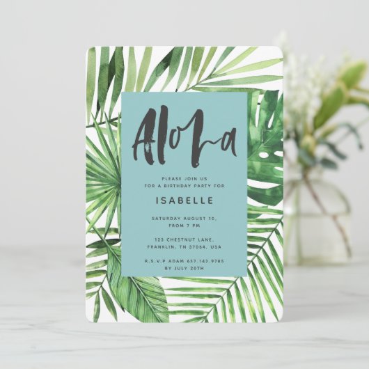 Aloha tropische palm en scriptverjaardagsuitnodigi save the date (Staand voorkant)
