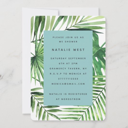 Aloha tropische palm en scriptverjaardagsuitnodigi save the date (Achterkant)