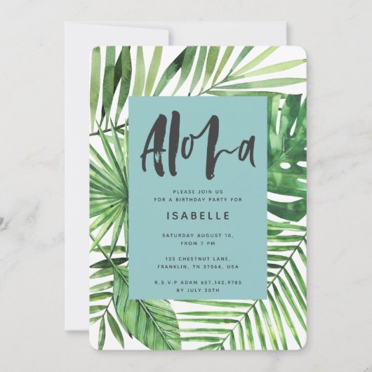 Aloha tropische palm en scriptverjaardagsuitnodigi save the date (Voorkant)
