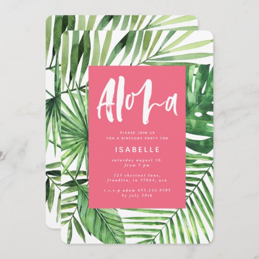 Aloha tropische palm & script roze girale verjaard save the date (Voorkant / Achterkant)