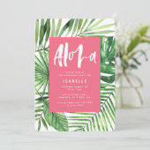 Aloha tropische palm & script roze girale verjaard save the date (Staand voorkant)