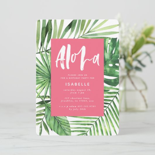 Aloha tropische palm & script roze girale verjaard save the date (Staand voorkant)