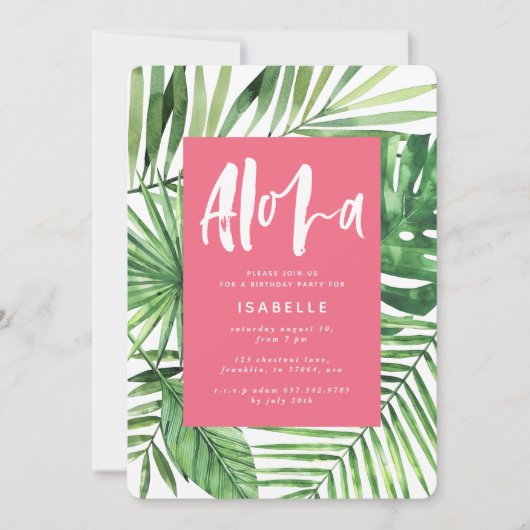 Aloha tropische palm & script roze girale verjaard save the date (Voorkant)