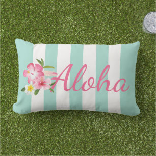Aloha Tropische Roze Bloemen en Aqua Blue Stripes Buitenkussen