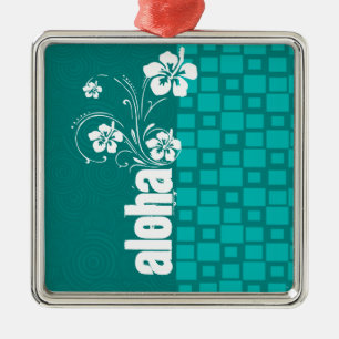 Aloha; Turquoise Squares Retro Metalen Ornament