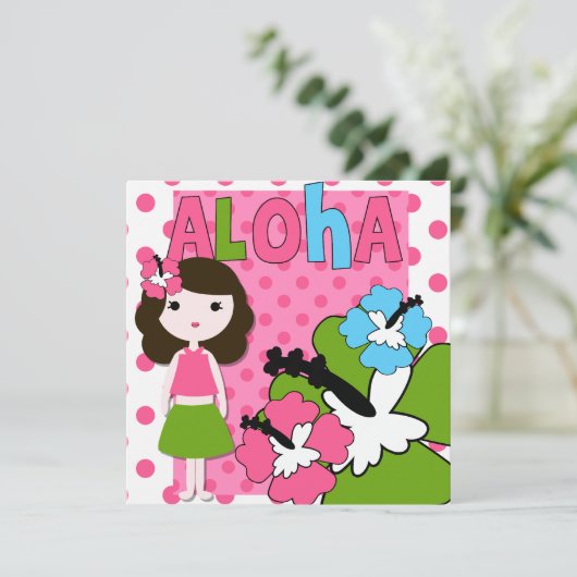 Aloha Verjaardag (Bruin Haar Meisje) Uitnodiging (Staand voorkant)