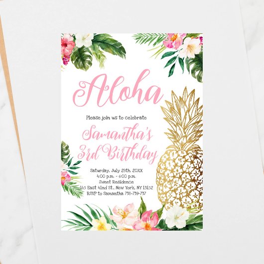 Aloha Verjaardag Luau Hawaïaanse Gouden Ananas Kaart
