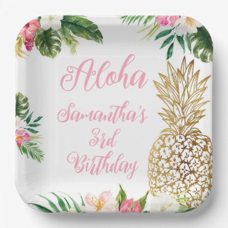 Aloha Verjaardag Luau Hawaïaanse Gouden Ananas Papieren Bordje