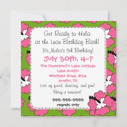 Aloha Verjaardag (Zwart Haar Meisje) Uitnodiging (Achterkant)