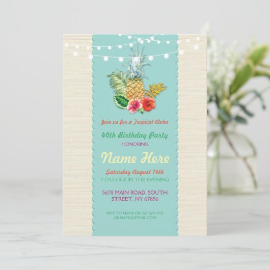 Aloha Verjaardagsfeest Aqua Aloha Ananas Uitnodige Kaart (Staand voorkant)