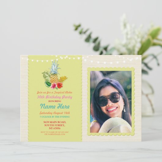 Aloha Verjaardagsfeest Luau Tropical Pineapple Fot Kaart (Staand voorkant)