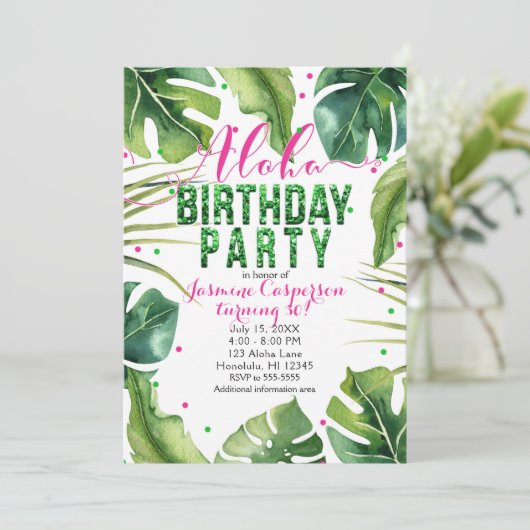 ALOHA VERJAARDAGSFEEST Tropische bladeren Roze Gro Kaart (Staand voorkant)