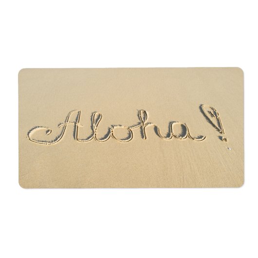 Aloha-woordbord op het strand etiket (Voorkant)