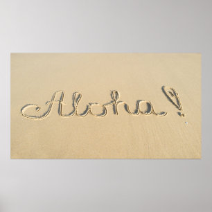 Aloha-woordbord op het strand poster