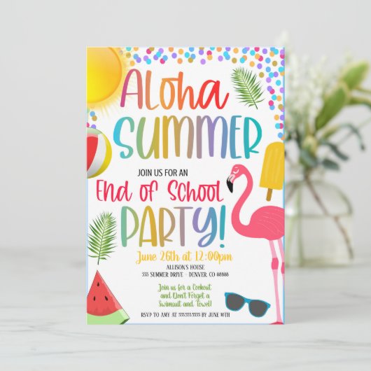 Aloha Zomer Einde van School Pool Party Uitnodigin Kaart (Staand voorkant)